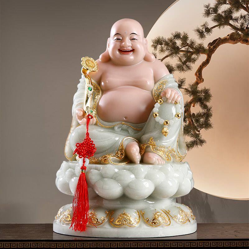 汉白玉弥勒佛菩萨大肚笑佛招财摆件翠玉镶金圆满笑佛佛像佛堂供奉