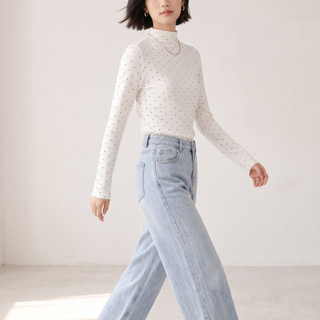 半高领气质休闲波点显瘦T恤女2026秋季修身内搭长袖白色上衣