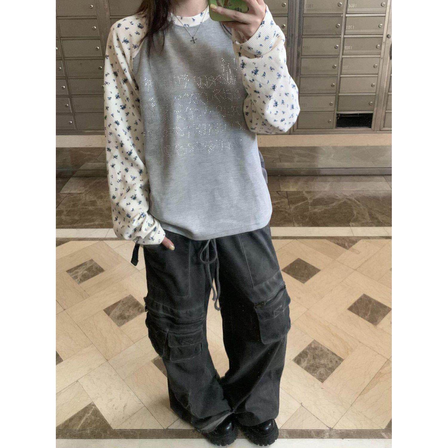 华夫格烫钻字母碎花插肩长袖T恤女美式复古撞色韩系宽松小众上衣