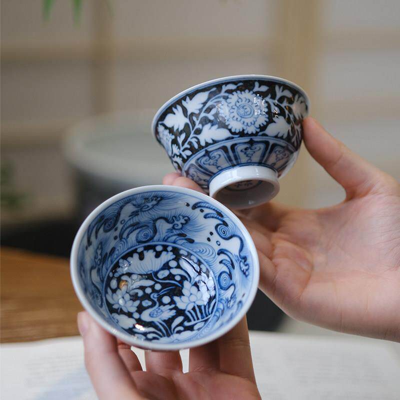 小谦山房一鹭莲升主人杯景德镇仿古元青花手工陶瓷品茗杯茶杯茶具