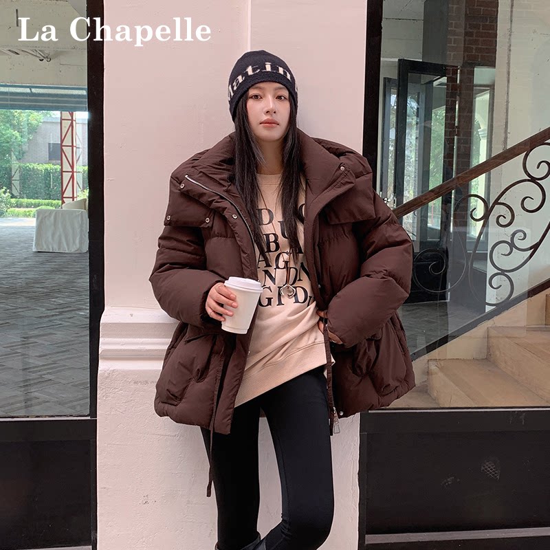 拉夏贝尔连帽中长女显瘦羽绒服