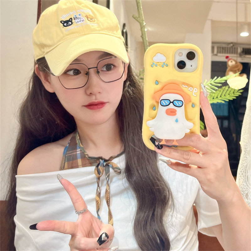 小众可爱眼镜鸭子支架适用于苹果17promax手机壳16新款iphone14防摔15pro保护套13软硅胶