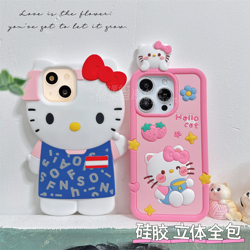 卡通可爱趴趴公仔kitty猫贴纸硅胶适用苹果15手机壳全包立体iphone14promax新款13女款12/11防摔14pro保护套