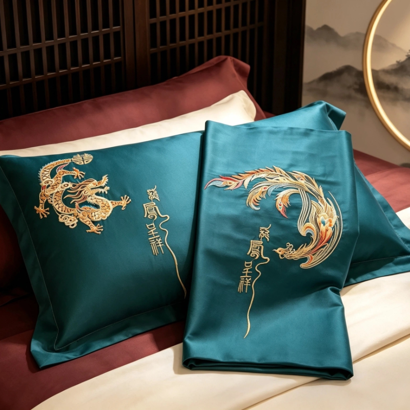 梦绪100支纯棉新中式刺绣龙凤呈祥婚庆高档轻奢信封式48*74cm枕套