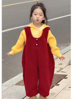 女童秋冬保暖羊羔绒背带裤套装
