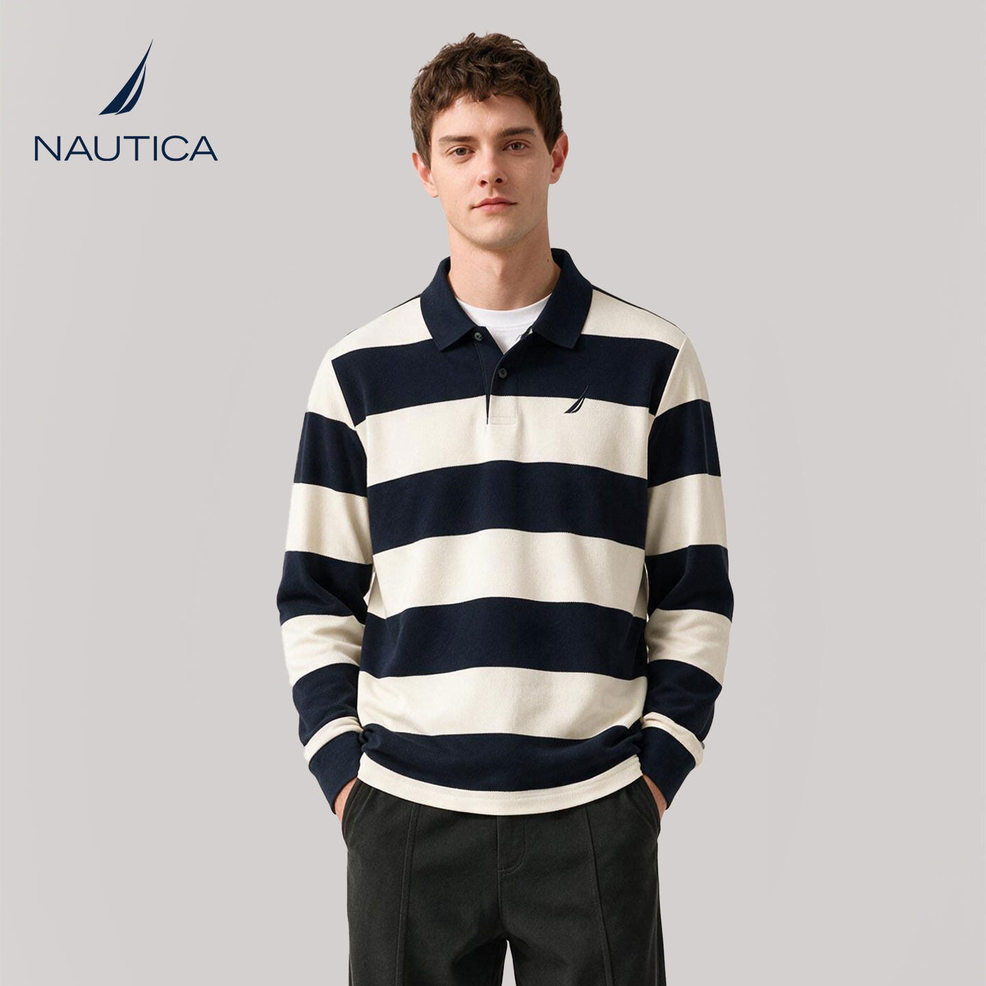 NAUTICA诺帝卡男士POLO衫2026新款秋装休闲T恤商务翻领条纹打底衫