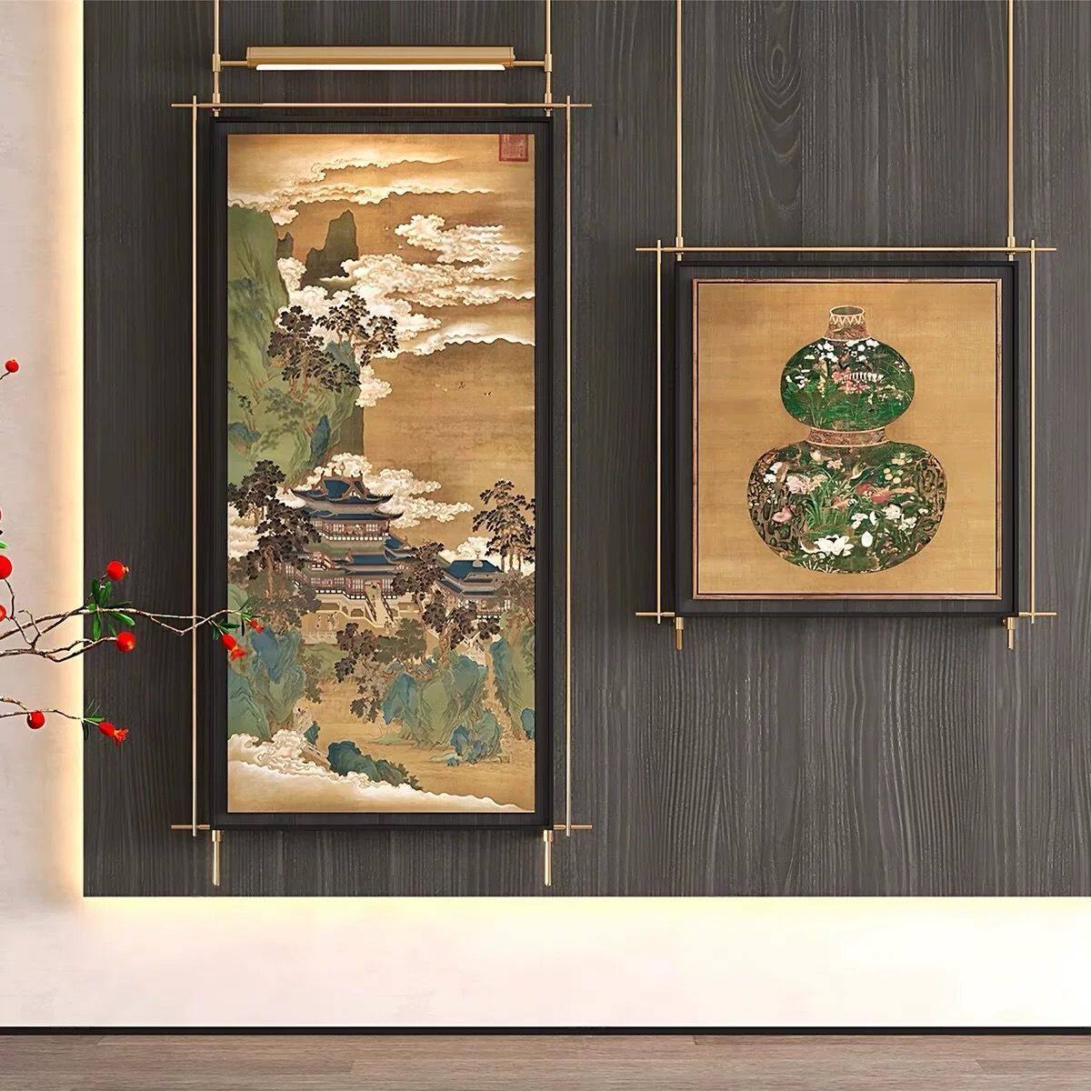 中古风金属吊杆山水装饰画酒店饭店发光壁画书房铁艺立体装饰挂画