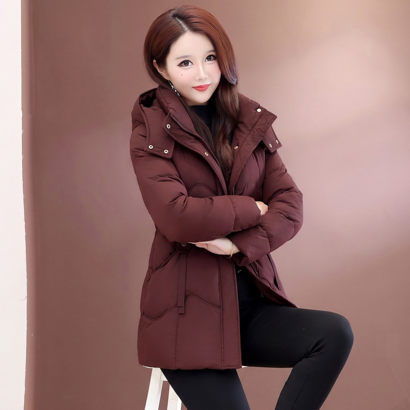 韩版通勤连帽棉服女2026冬季新款中长款加厚保暖显瘦修身棉衣外套