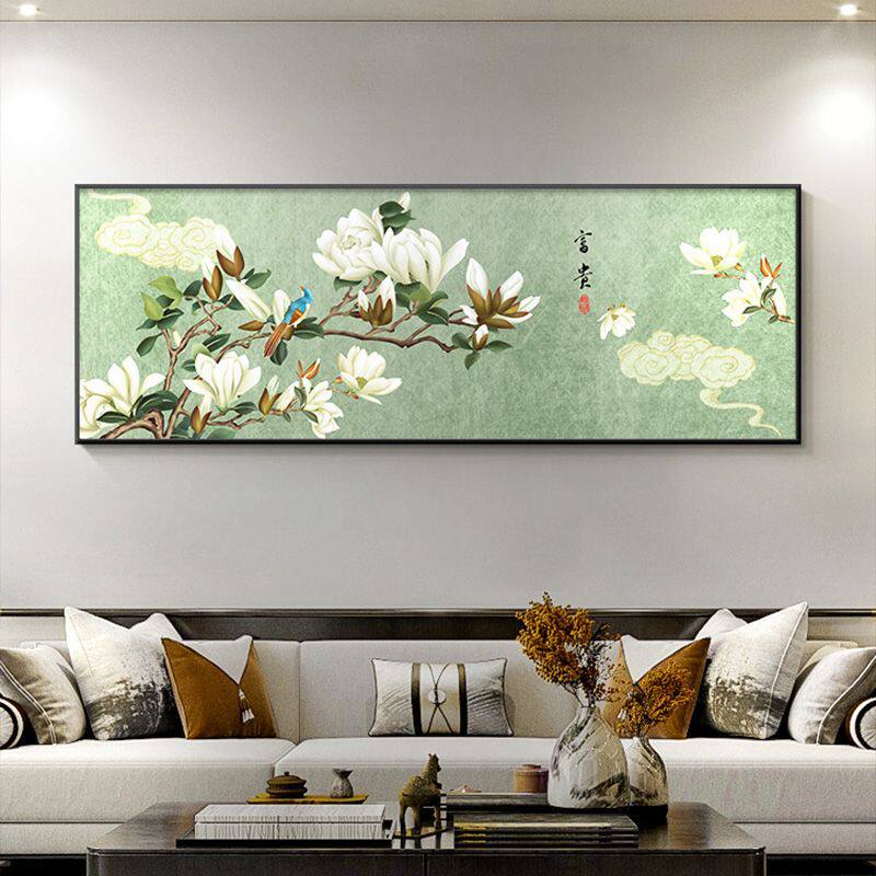 玉兰花墙画客厅挂画新中式沙发背景墙装饰画富贵花鸟画壁画寓意好