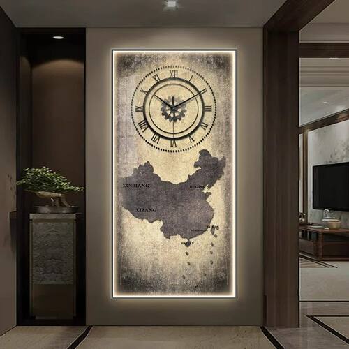 高级感中国地图玄关装饰画钟表led灯发光办公室书房挂画艺术时钟