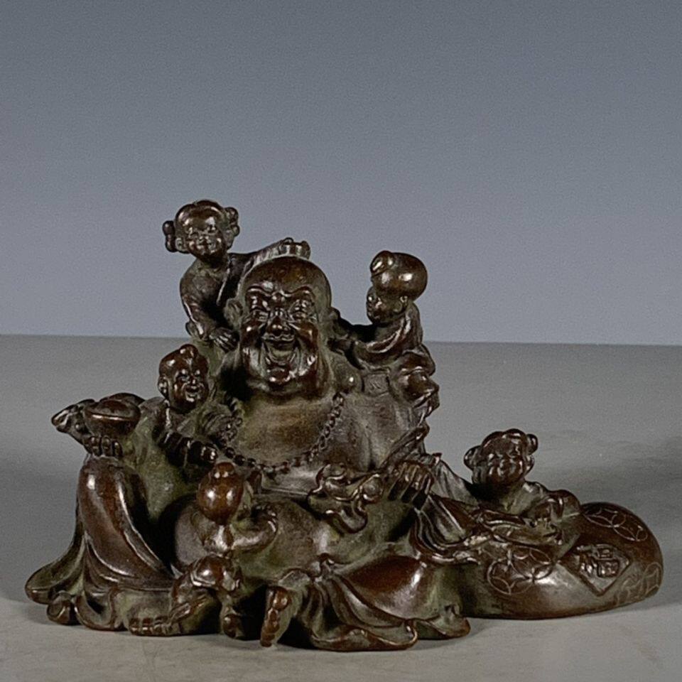 包老真品老物件五子佛摆件招财弥勒佛代代有福古董旧货紫铜老铜器