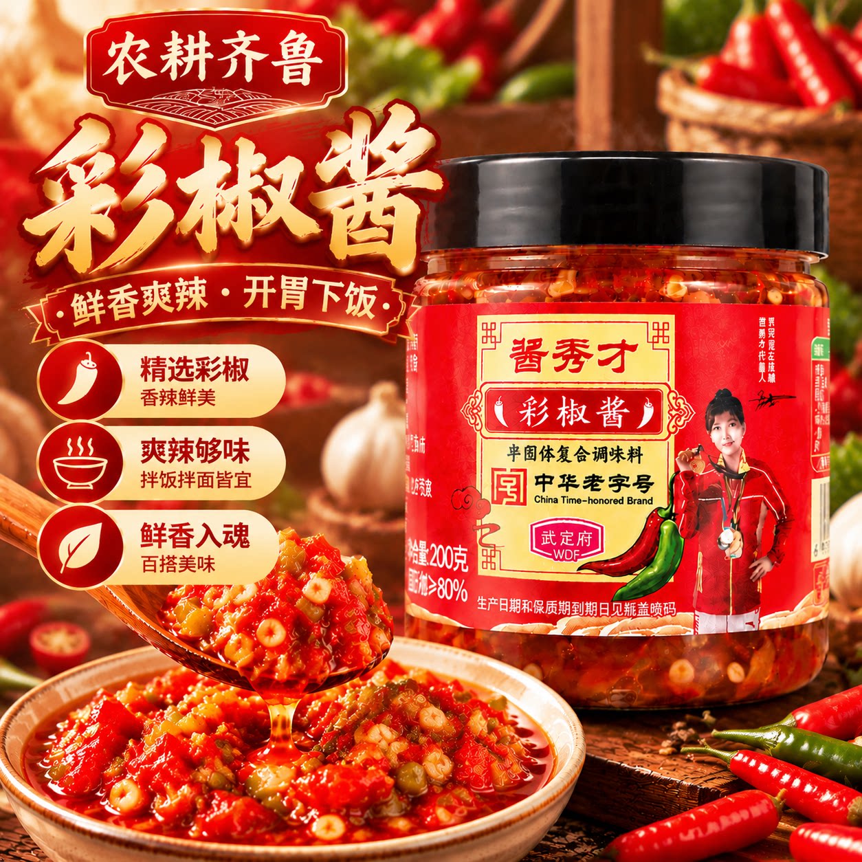 农耕齐鲁彩椒酱青红双椒剁椒酱农家下饭菜拌饭酱拌面香辣酱咸菜