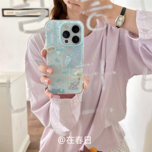 在春日趣味细闪蓝色海洋沙滩手机壳适用iPhone16promax全包15pro保护壳新款17promax女生16proiPhone15/13