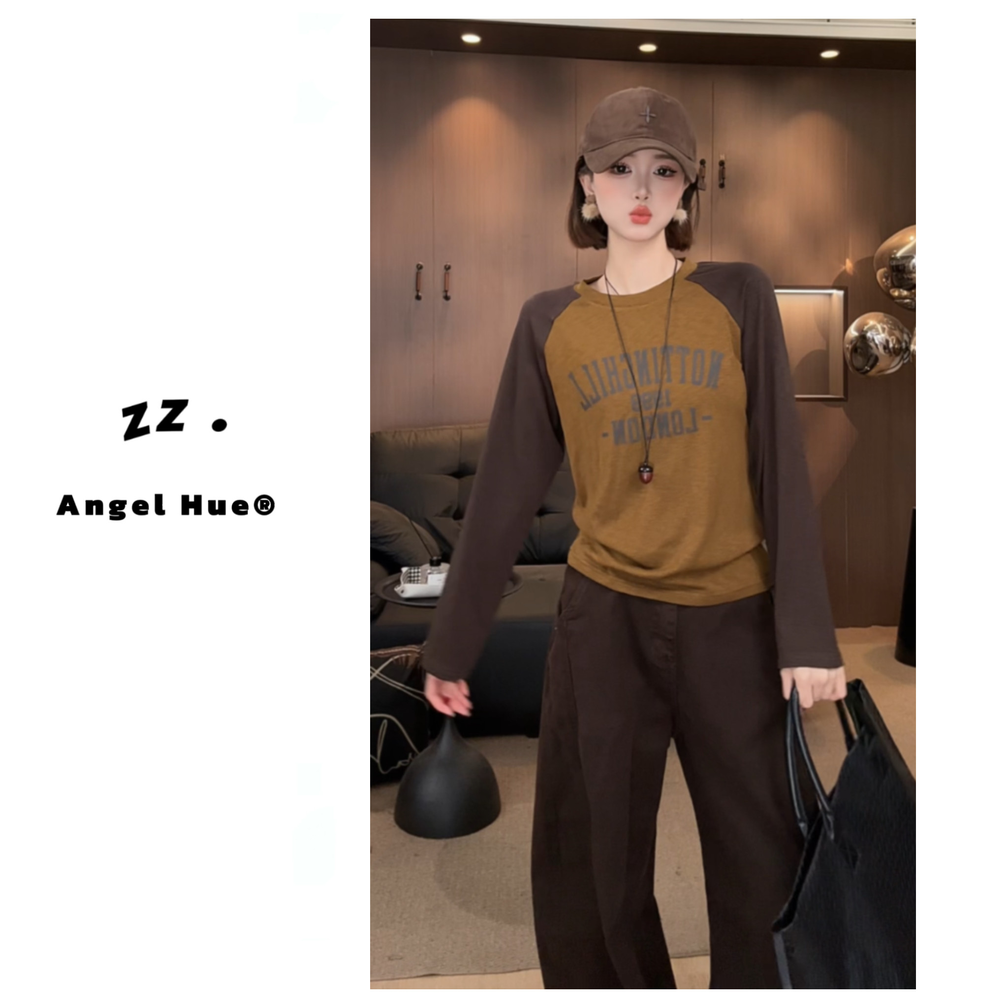 ANGELHUE美式复古撞色插肩长袖T恤女字母印花显瘦休闲上衣