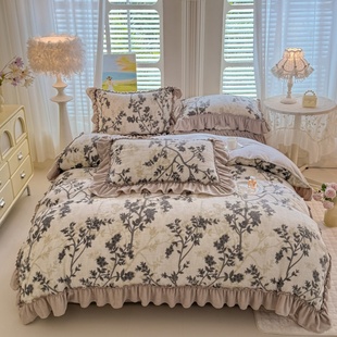 2025新款韩版花边牛奶绒床上四件套冬季加厚珊瑚绒床单床笠款套件