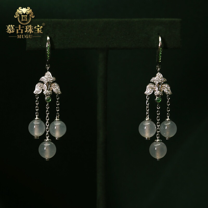 慕古珠宝天然翡翠耳环耳坠冰种天然A货翡翠圆珠耳饰MU2AO07B3