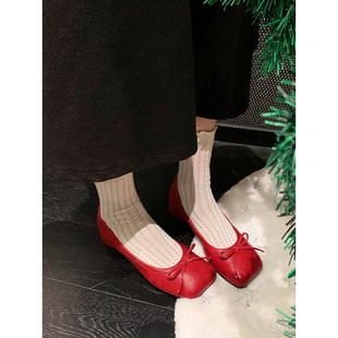 甜美百搭单鞋 女红色真皮低跟玛丽珍鞋 方头蝴蝶结芭蕾舞鞋 TU韩版