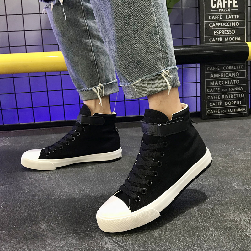 新款高帮夏季透气帆布鞋黑色学生百搭男鞋搭扣时尚个性潮鞋街舞鞋
