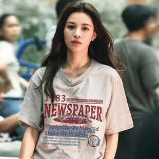 钟楚曦同款美式复古字母印花灰色t恤短袖女夏季宽松小众潮牌上衣