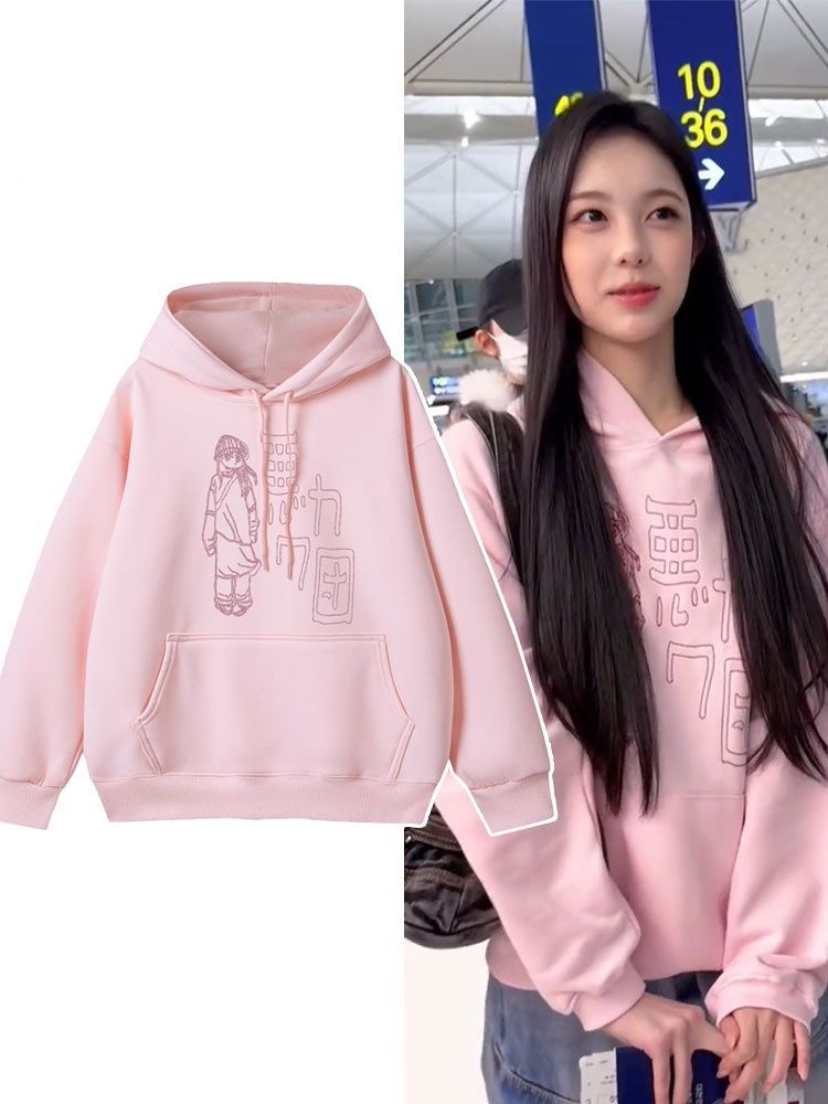 hearts2heats郑伊安同款卫衣秋冬季加绒加厚连帽上衣宽松衣服图片