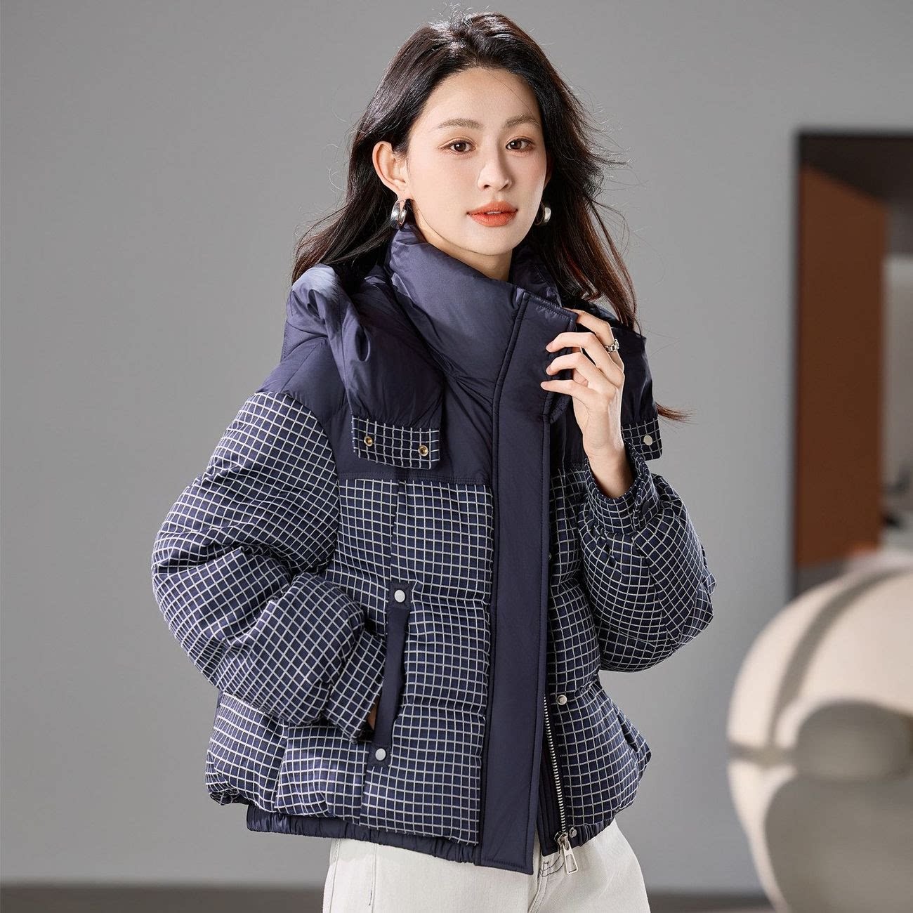 时尚短款格子拼接可拆卸帽宽松洋气棉衣女冬季新款加厚保暖棉服