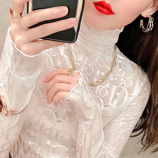 高领蕾丝打底衫女2023春秋冬洋气字母薄款网纱上衣木耳边内搭纱