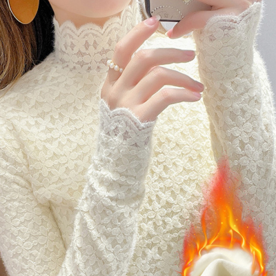 秋冬高级感内搭女蕾丝加绒打底衫