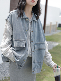 牛仔马甲外套女春秋新款 背心坎肩上衣潮 百搭宽松韩版 bf慵懒风无袖