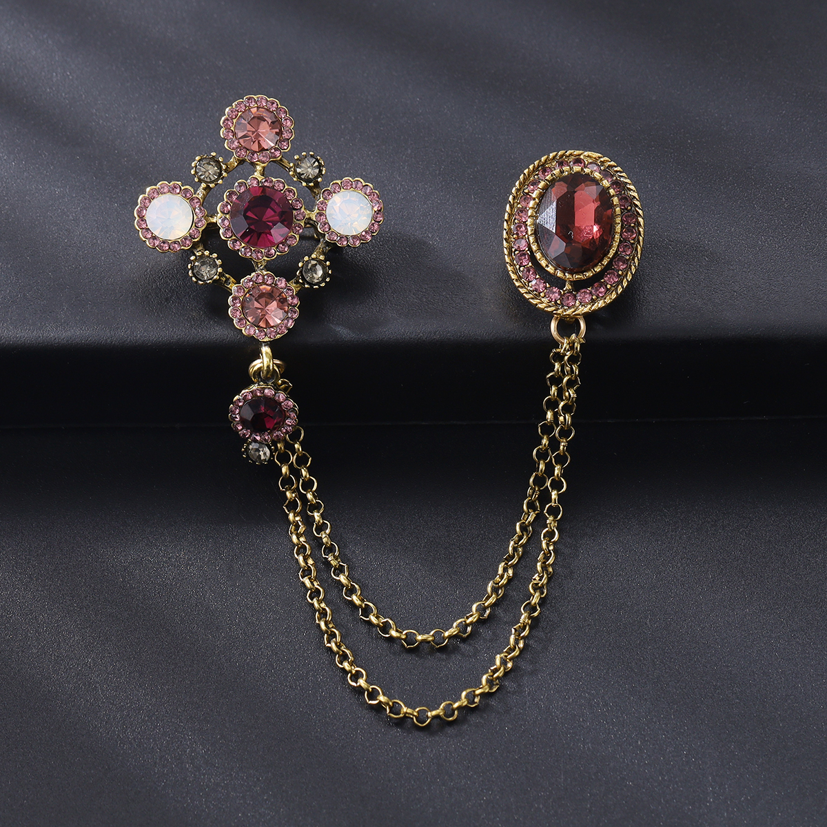 创意复古链条胸针合金水钻高档男士西装外套胸花个性气质衬衣领针