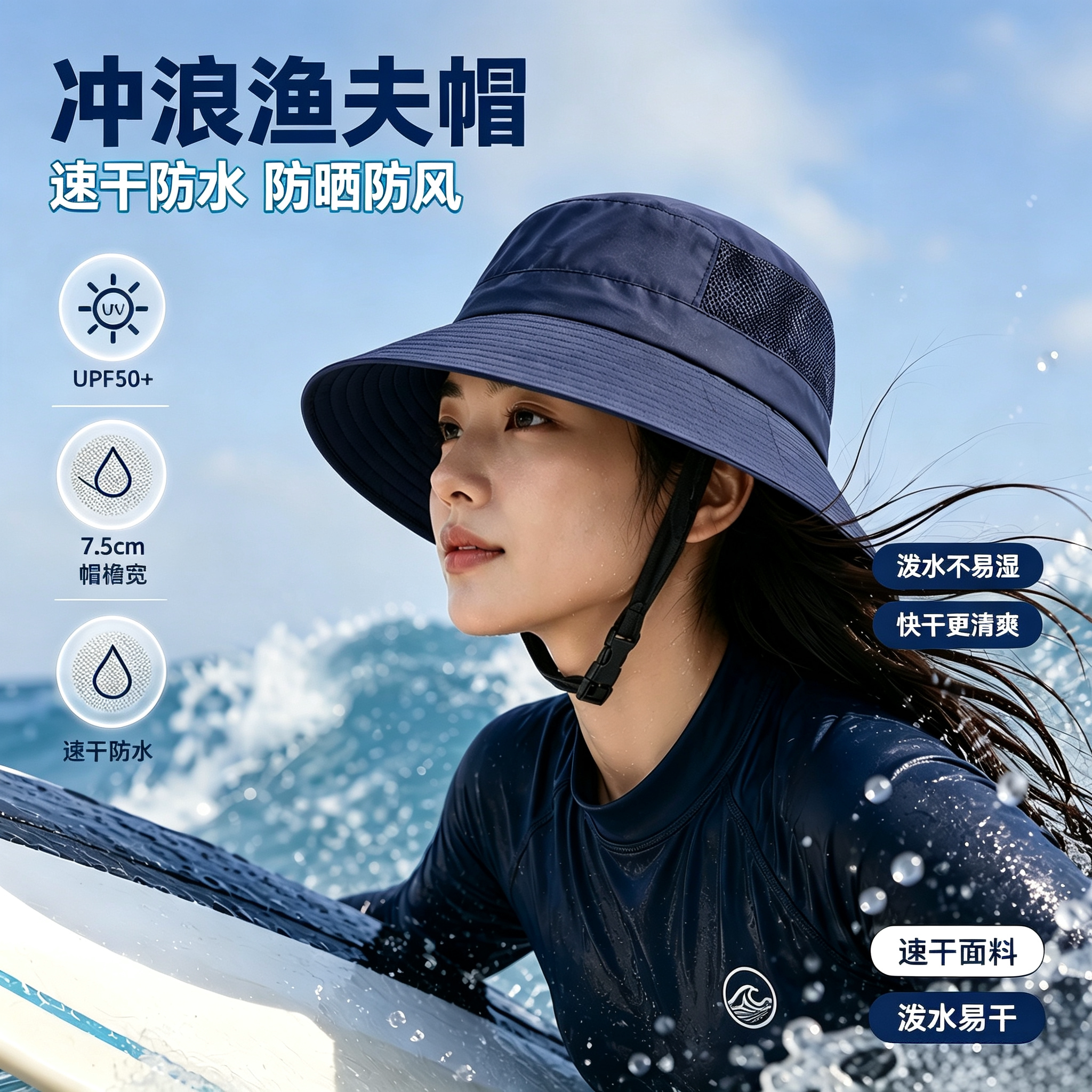 自由潜水防晒帽冲浪深浮潜遮阳帽子渔夫帽男女速干防水夏季便携