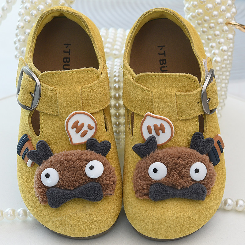 春秋儿童真皮勃肯鞋女童卡通复古小皮鞋2025新款童鞋男童软底单鞋