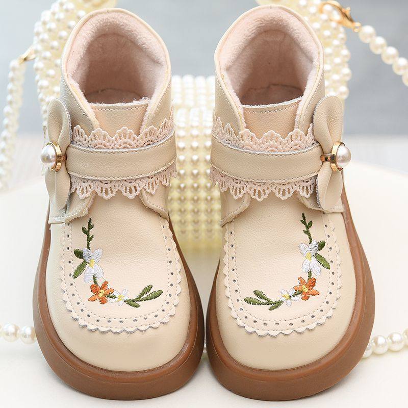 女童短靴国风绣花皮靴儿童真皮加绒公主靴单靴秋冬新款童鞋二棉靴