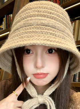 针织渔夫帽女秋冬季新款保暖盆帽显脸小百搭毛线帽羊毛帽子水桶帽