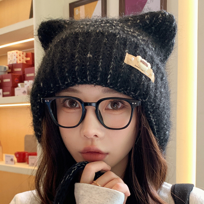 新款可爱猫耳朵毛线帽女冬天保暖
