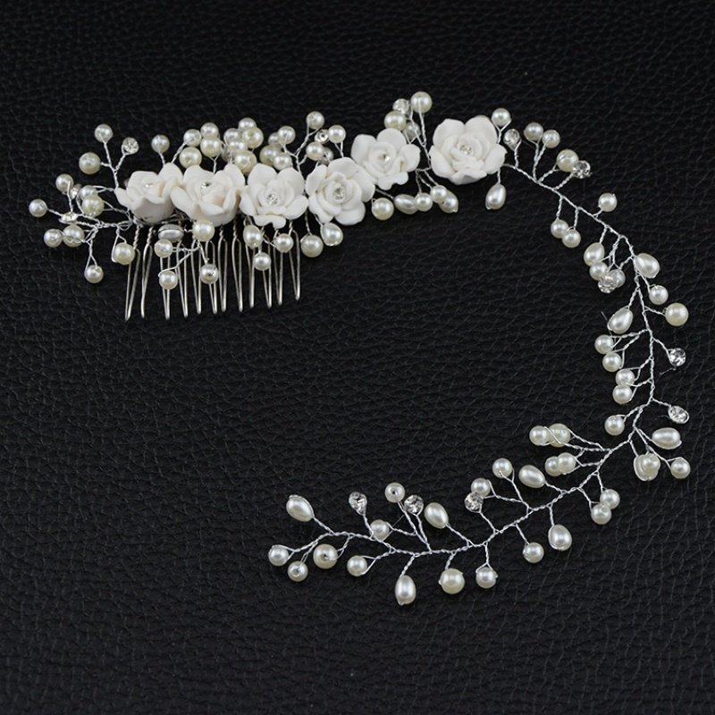 抖音同款韩版新娘手工珍珠花卉软陶花朵发梳发带影楼跟妆结婚配饰
