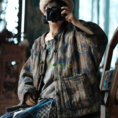 复古文麻料艺盘扣外套棉衣GMJ406暗绿花