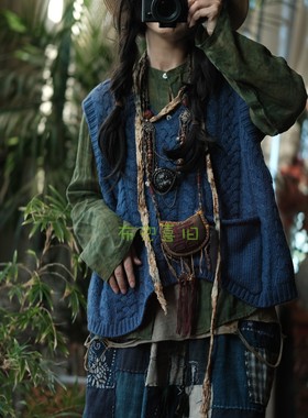 复古文艺羊毛百搭麻花坎肩马夹毛衣7169兰