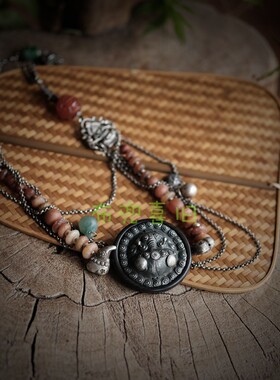 定制款老银檀木镶嵌虎头项链SC122