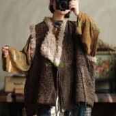 原创复古文艺拼色羊羔毛马甲女宽松百搭文艺风拼接背心2272翠微