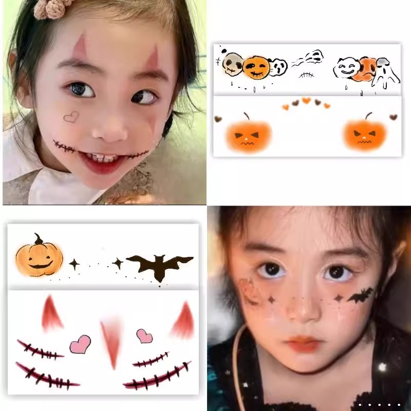 2025新款万圣节脸贴儿童纹身贴妆容男生南瓜女巫可洗式恶魔可爱装扮女腮红水印脸部圣诞节贴纸化妆装饰品道具