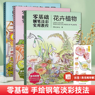 零基础钢笔淡彩实用教程little jiang著日记手账插画水彩风景美食小物画法花卉植物手绘临摹画册新手小白自学水彩画河南美术出版社