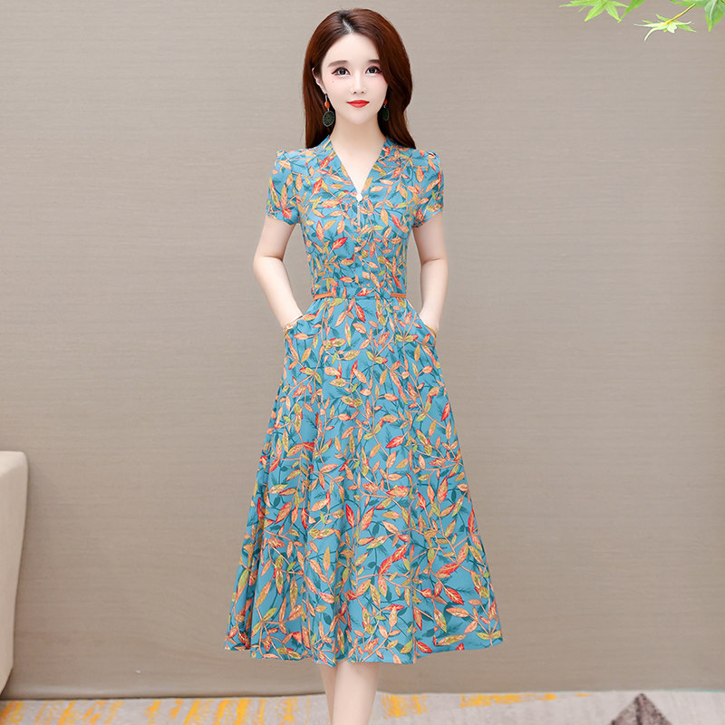 印花连衣裙女2021年夏季新款时尚40岁50中年妈妈装中长款亚麻裙子