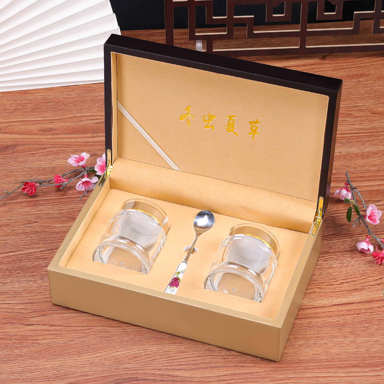 新款裂纹虫草包装盒粉双瓶胶囊礼品木盒 虫草礼盒包装盒高档批发