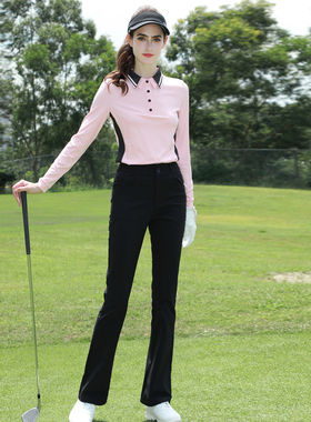 ZG6高尔夫女装球服装女弹力粉色长袖T恤黑色中高腰长裤女微喇叭裤