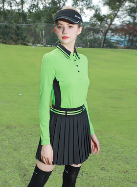 ZG6高尔夫女装球服装女长袖绿色翻领网球服女T恤防走光黑色网球裙