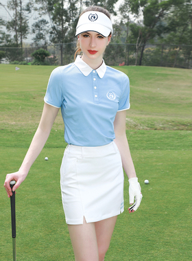 ZG6高尔夫女装夏球服套装女浅蓝色短袖T恤golf速干翻领上衣白短裙