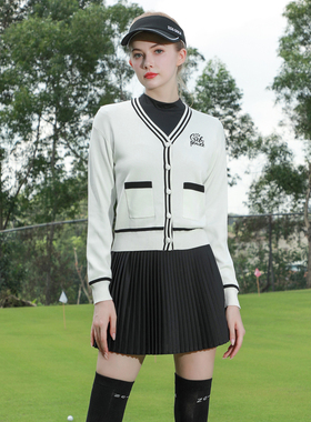 秋冬ZG6高尔夫女装服装女外套针织衫女白色开衫天丝毛衣百褶裙子