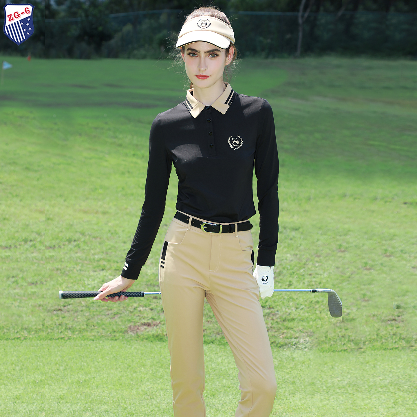 ZG6高尔夫球服装女衣服女运动套装黑色长袖T恤女上衣卡其色长裤子
