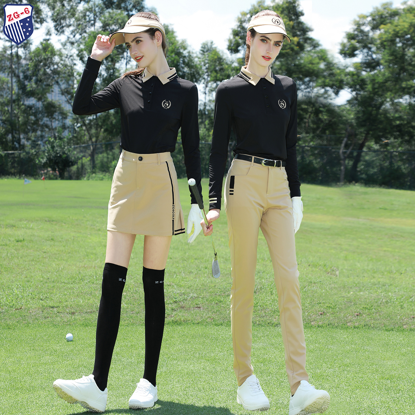 ZG6高尔夫女装球服装女T恤黑色长袖显瘦上衣卡其色中高腰长裤子女