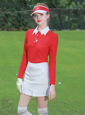 ZG6高尔夫女装球服装女运动大红色长袖T恤速干上衣白色网球裙女